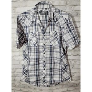 BKE Men Large Plaid Checks Blue Grey Short Sleeve Shirt Button Down L